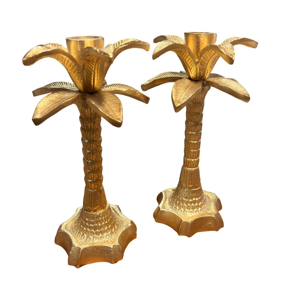 Gold Palm Tree Candle Holders Set 2 Metal Hollywood Regency Taper Candlestick 8" - Picture 8 of 9